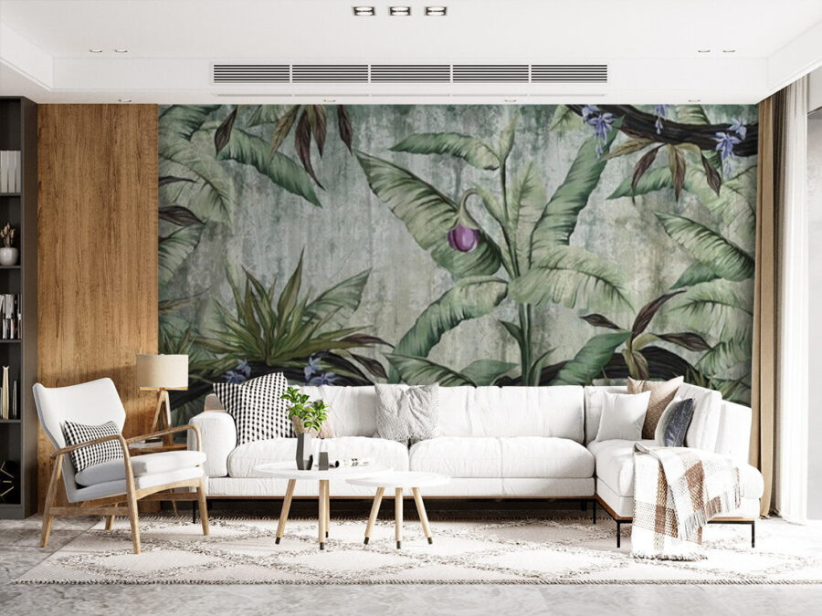 Papel de parede com uma bananeira e flores Papel de parede com uma bananeira e flores