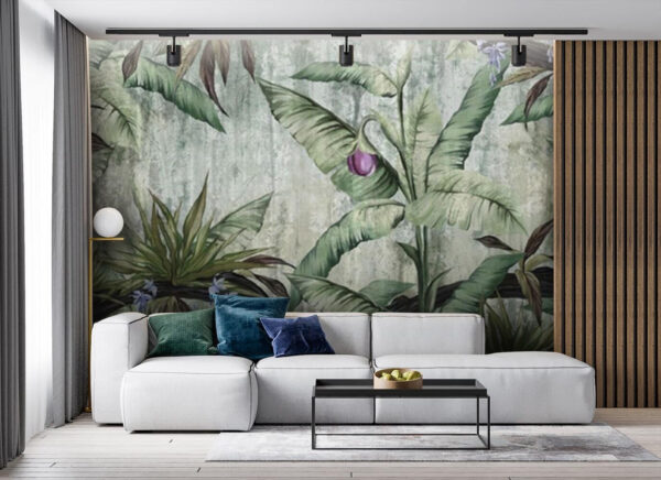Papel de parede com uma bananeira e flores Papel de parede com uma bananeira e flores