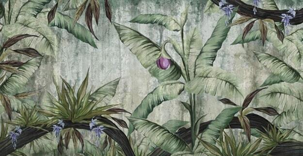 Papel de parede com uma bananeira e flores Papel de parede com uma bananeira e flores