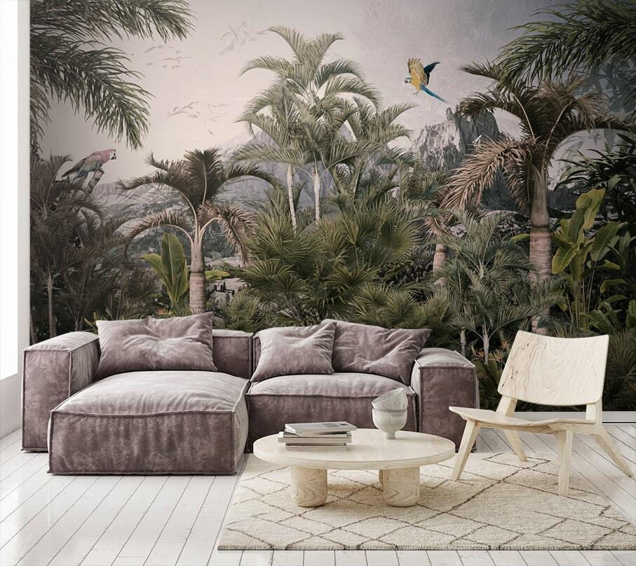 Tropical forest with palm trees and a bird flying