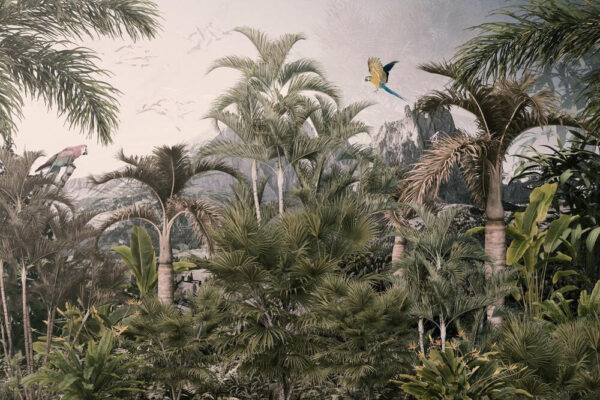 Floresta tropical com palmeiras e um pássaro a voar Floresta tropical com palmeiras e um pássaro a voar