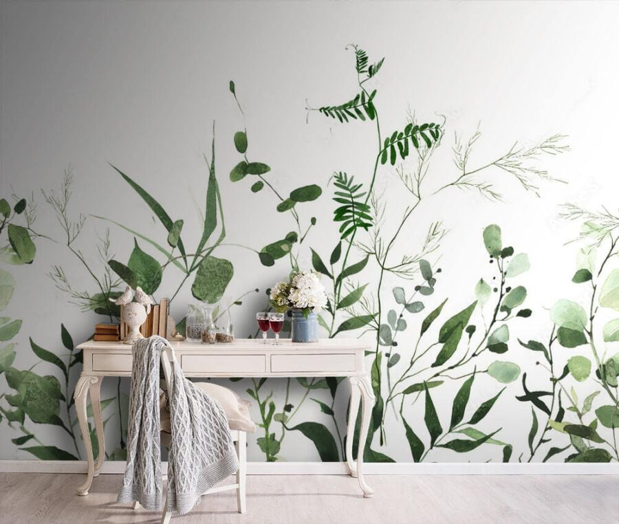 Vegetação luxuriante sobre um fundo branco.