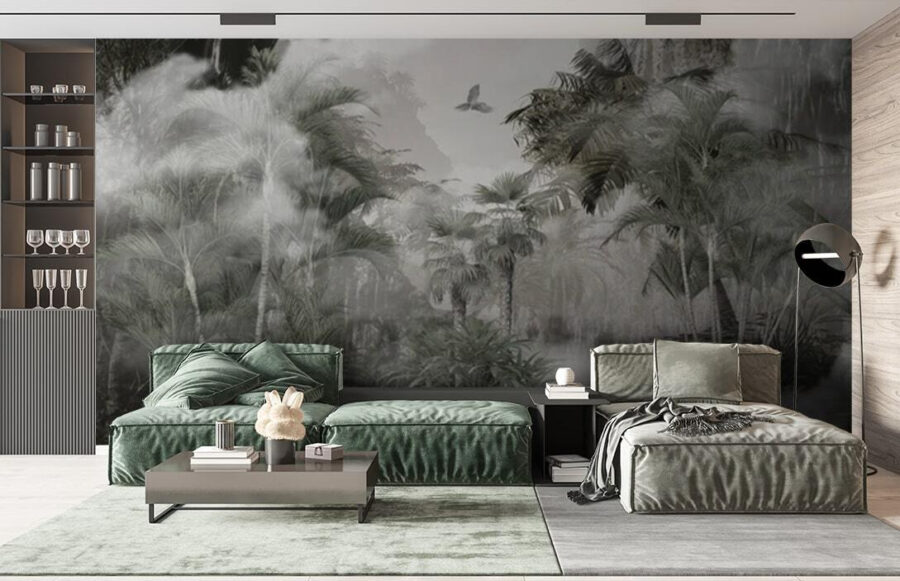 Papel de parede Floresta enevoada com árvores e pássaros - Image 2