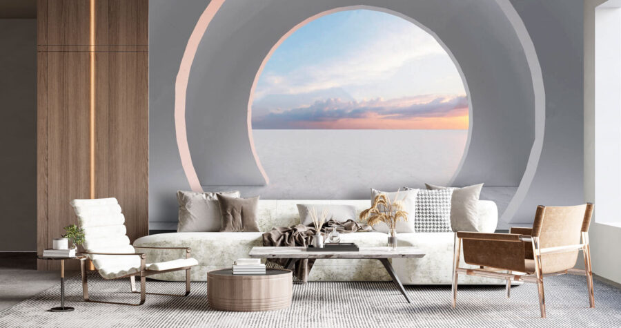 Sala branca com uma porta circular