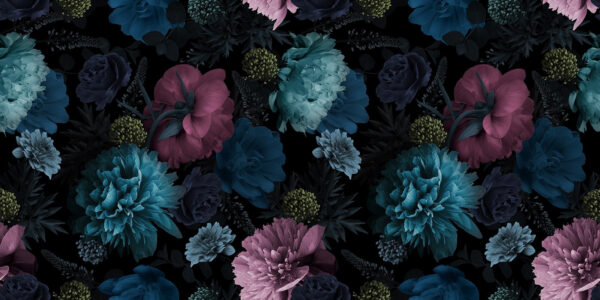 Padrão floral vibrante sobre fundo preto. Padrão floral vibrante sobre fundo preto.