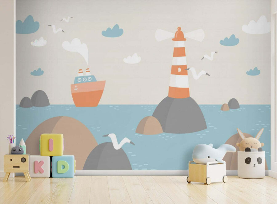 Desenho animado de um farol e de um barco