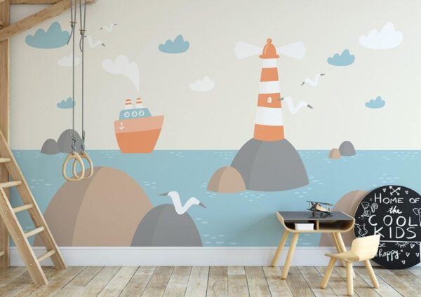 Papel de parede Papel de parede Desenho animado de um farol e de um barco (REF: u72197)