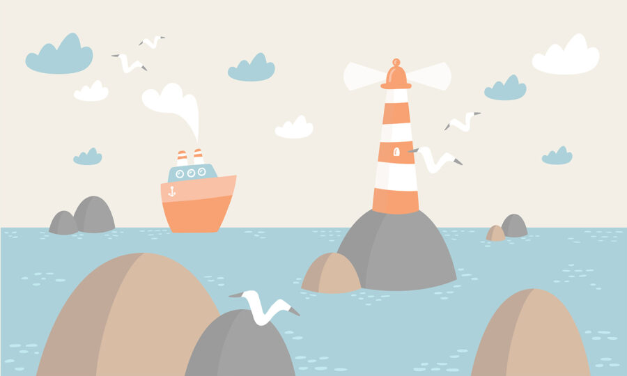 Desenho animado de um farol e de um barco