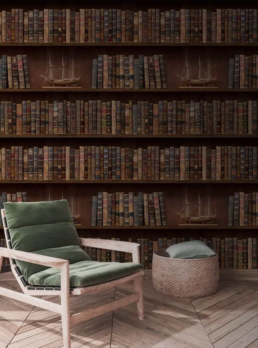 Parede de livros com barcos Parede de livros com barcos