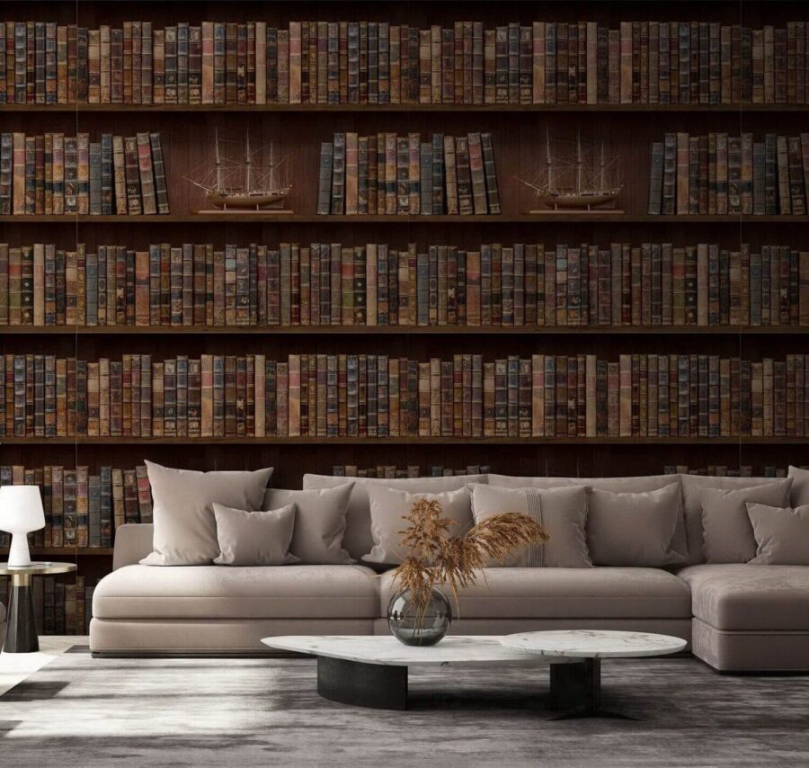 Parede de livros com barcos Parede de livros com barcos