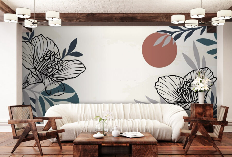 Fundo branco com flores e folhas a preto e branco