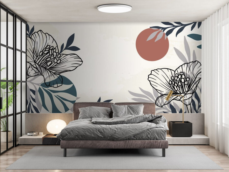 Fundo branco com flores e folhas a preto e branco