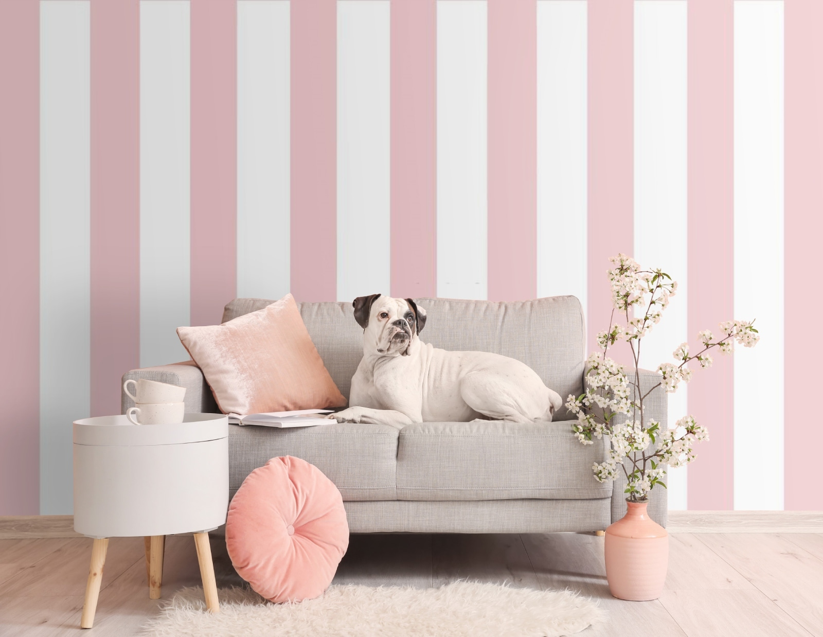 Pink and white striped wallpaper