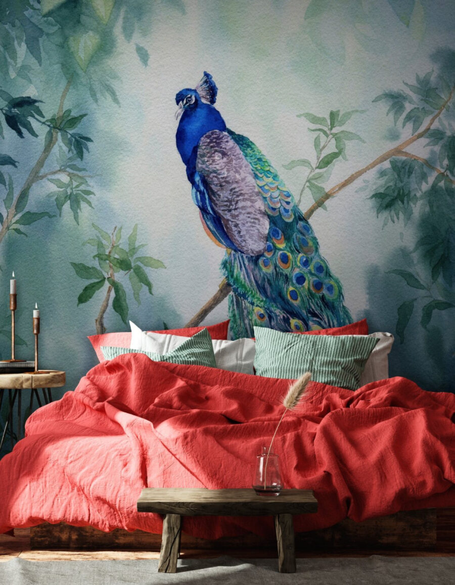 Aguarela de um pavão num ramo