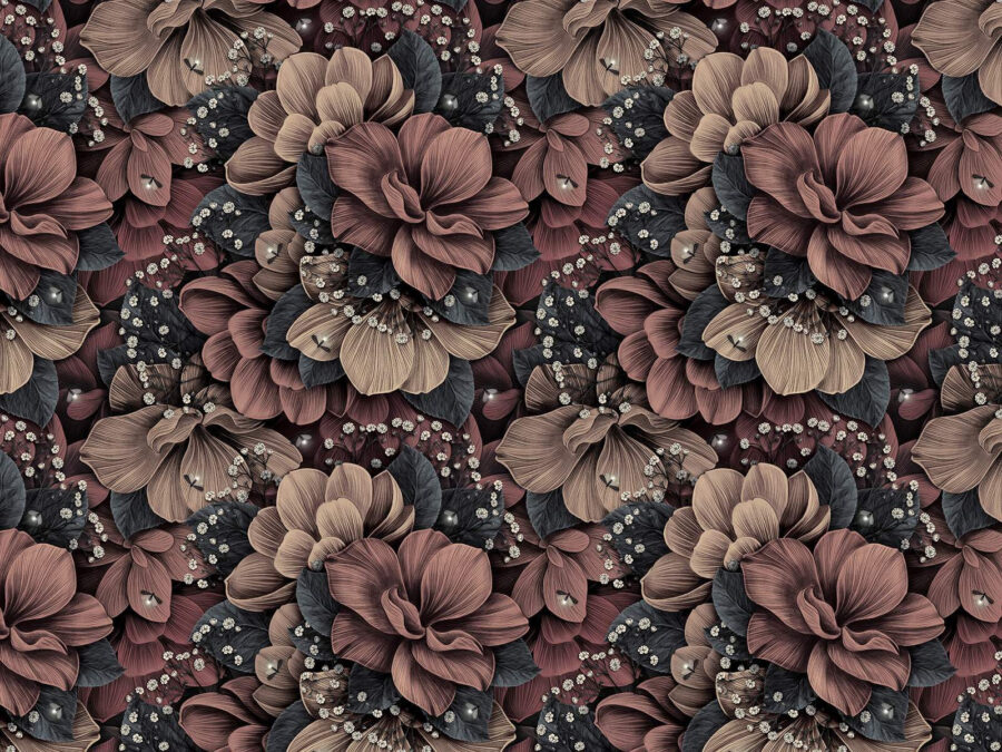 Grupo de flores com pequenas folhas brancas e pretas