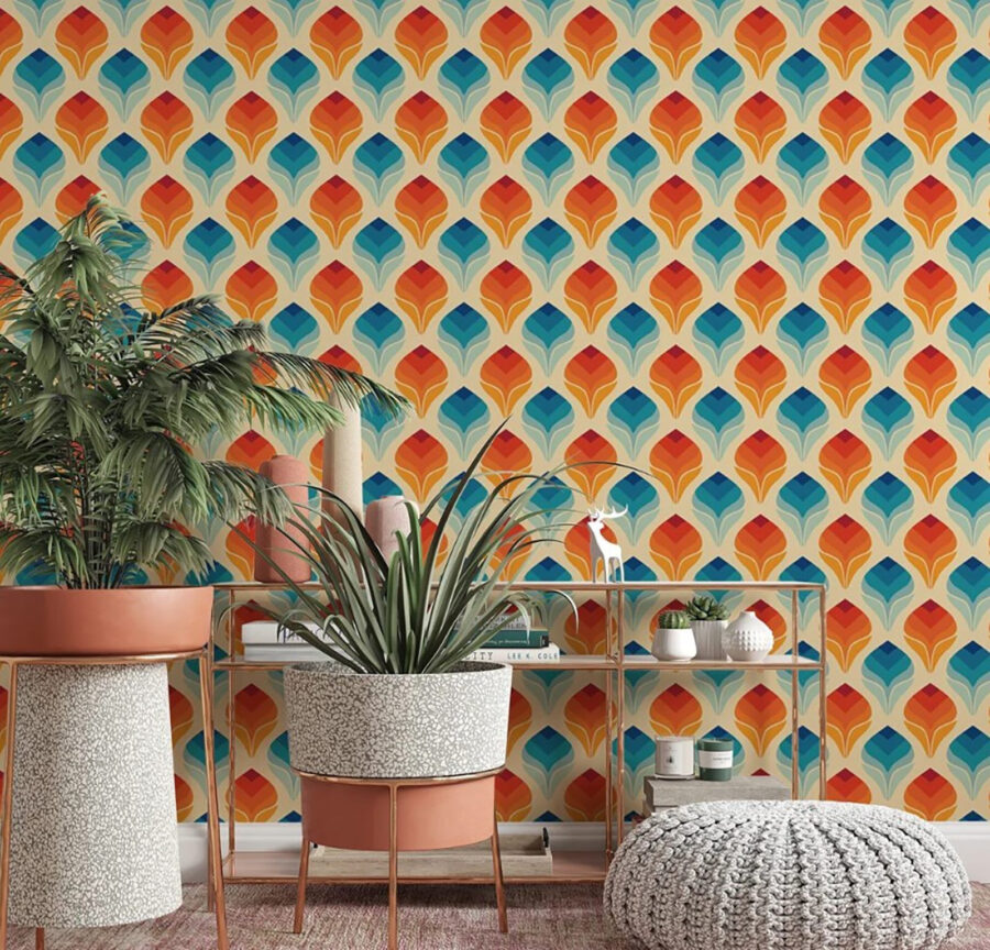 Padrão de folhas cor de laranja e azuis