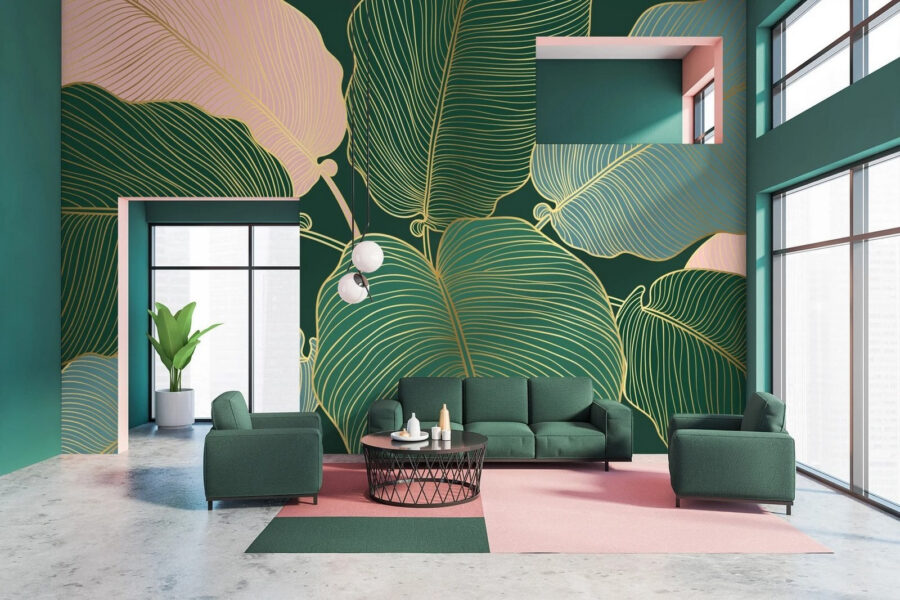 Folhas tropicais com linhas elegantes.
