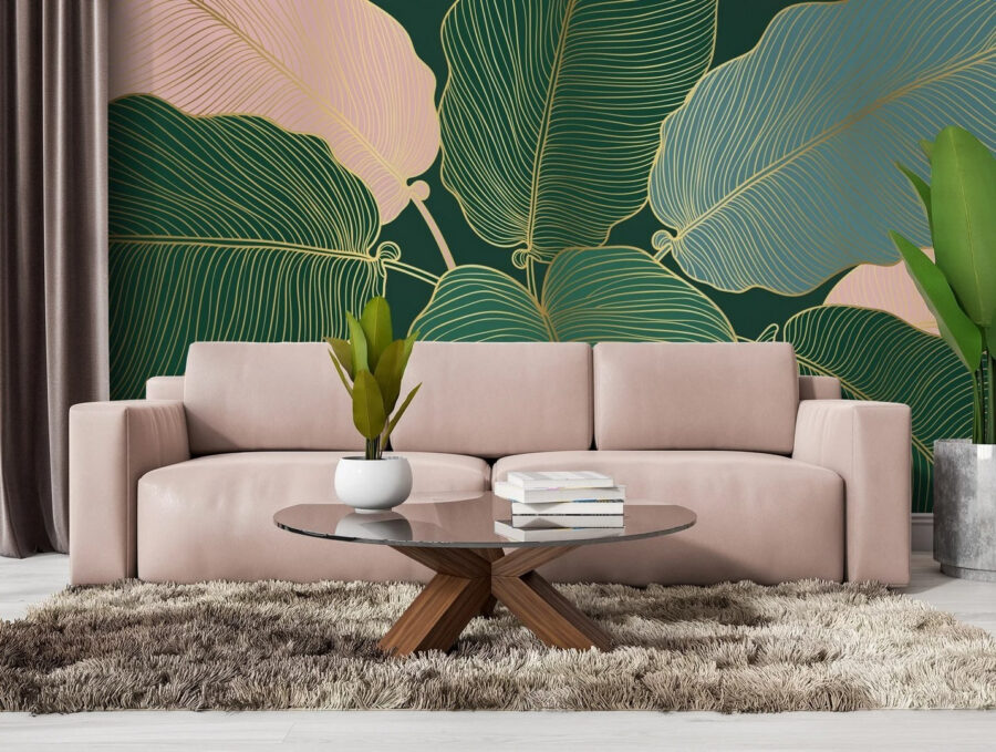 Folhas tropicais com linhas elegantes.