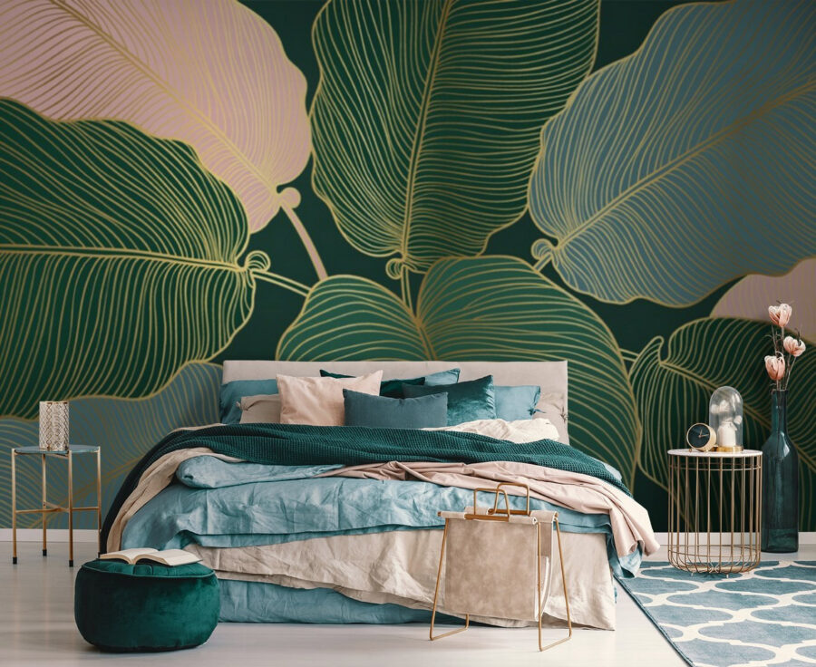 Folhas tropicais com linhas elegantes.