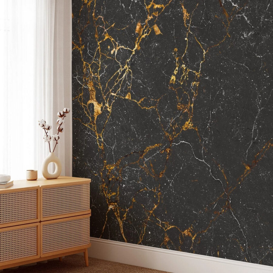 Papel de parede Mármore preto com veios âmbar. - Image 3