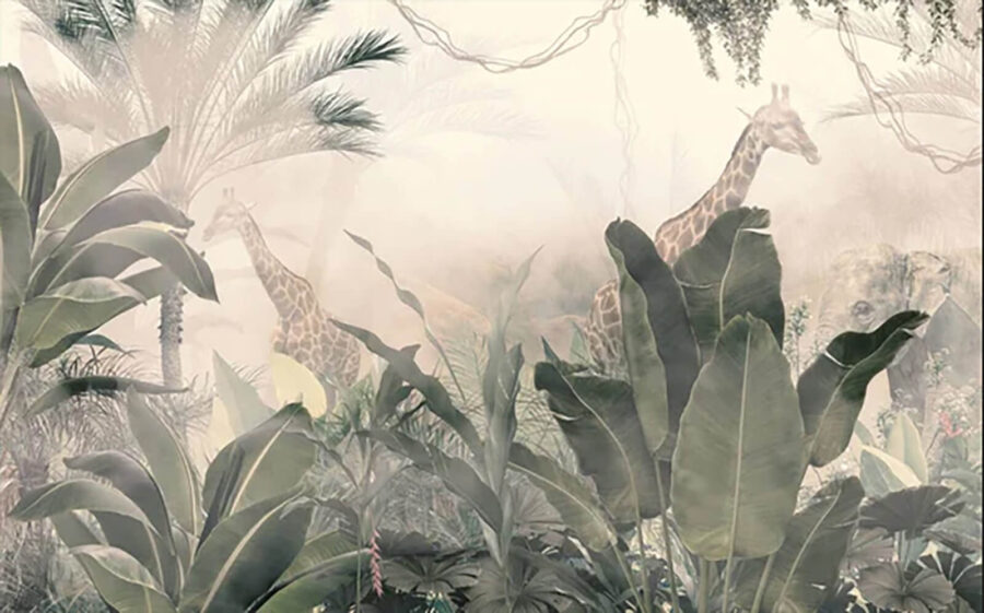 Girafas numa floresta com árvores e plantas