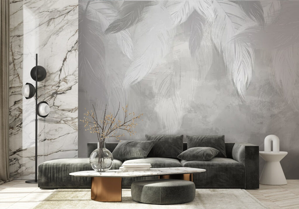 White feather on a grey surface White feather on a grey surface