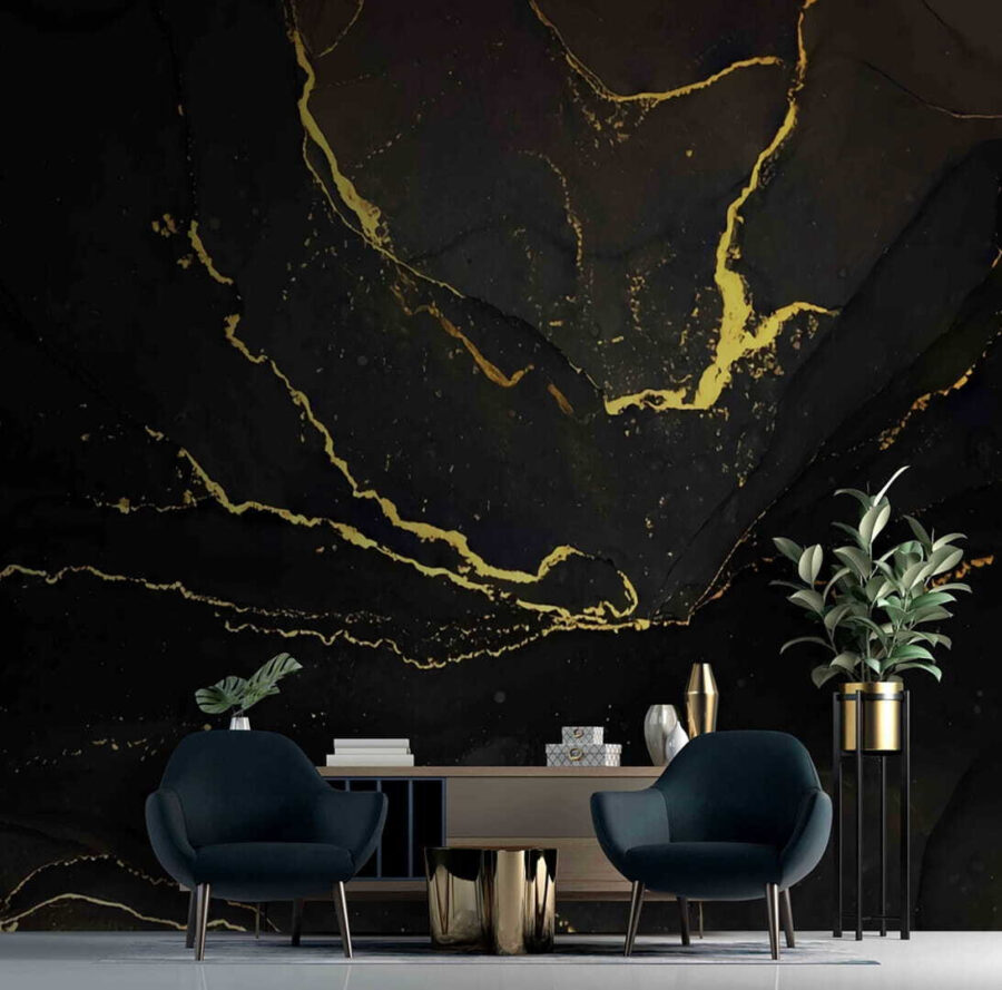 Papel de parede Mármore preto elegante com veios amarelos - Image 3