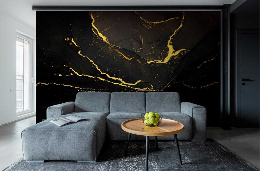 Papel de parede Mármore preto elegante com veios amarelos - Image 2