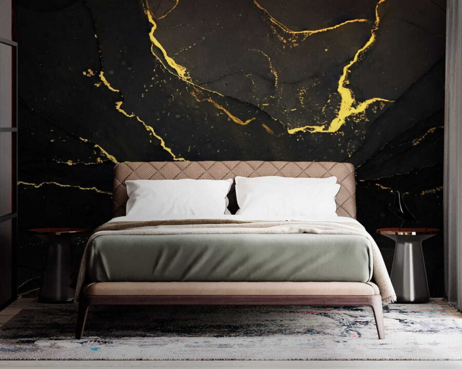 Papel de parede Mármore preto elegante com veios amarelos