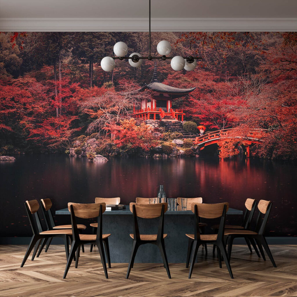 Small building with red bridge over water Small building with red bridge over water