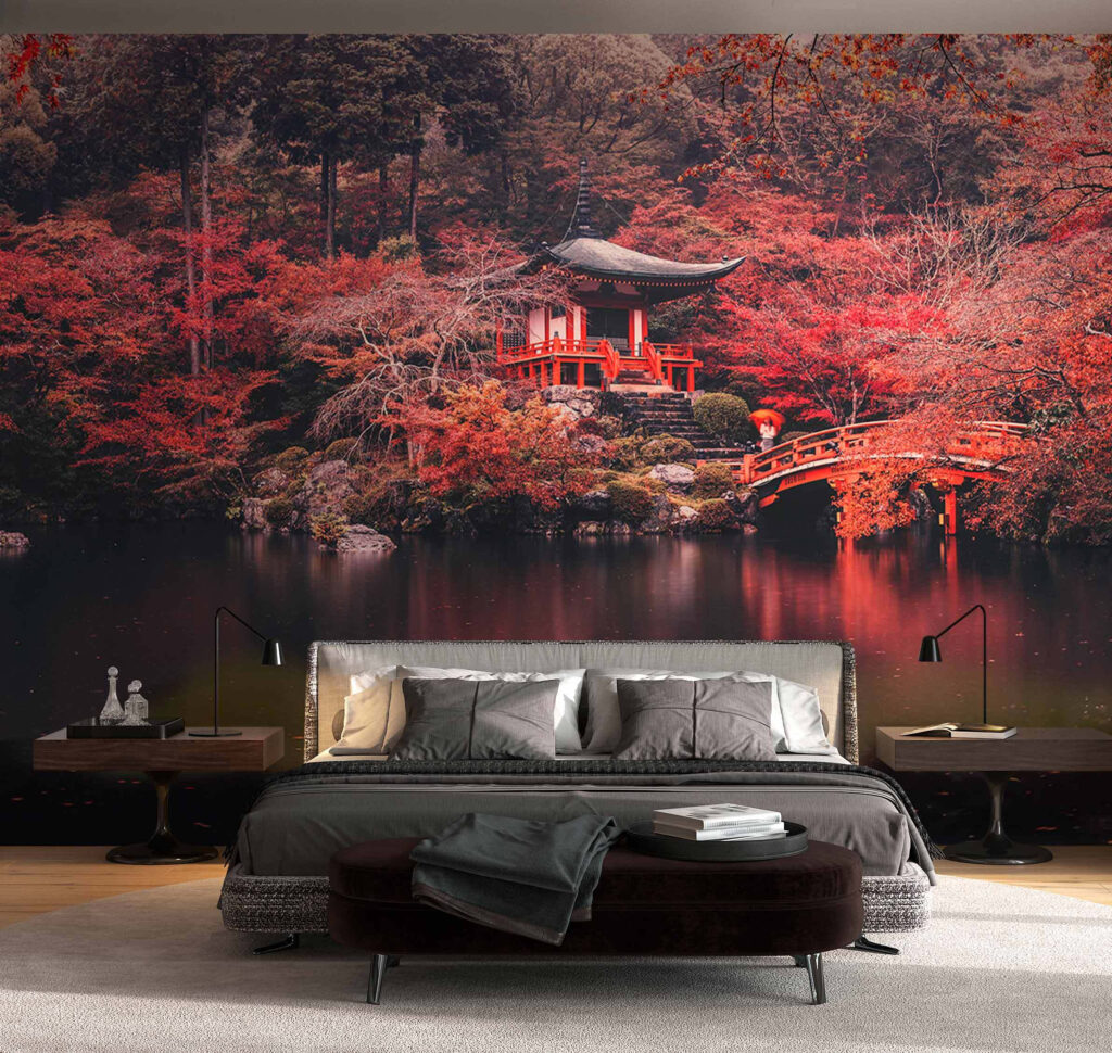 Small building with red bridge over water Small building with red bridge over water