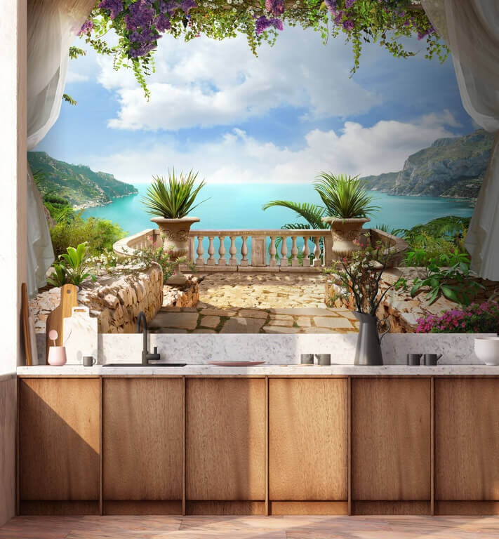 Varanda com plantas e vista para o mar