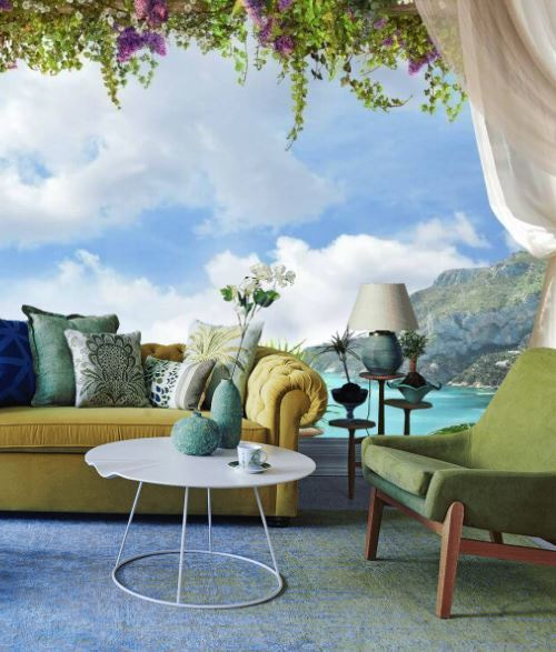 Varanda com plantas e vista para o mar