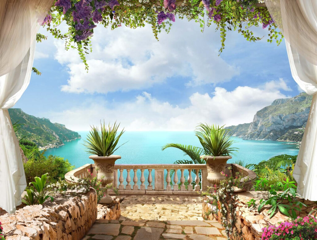 Varanda com plantas e vista para o mar Varanda com plantas e vista para o mar