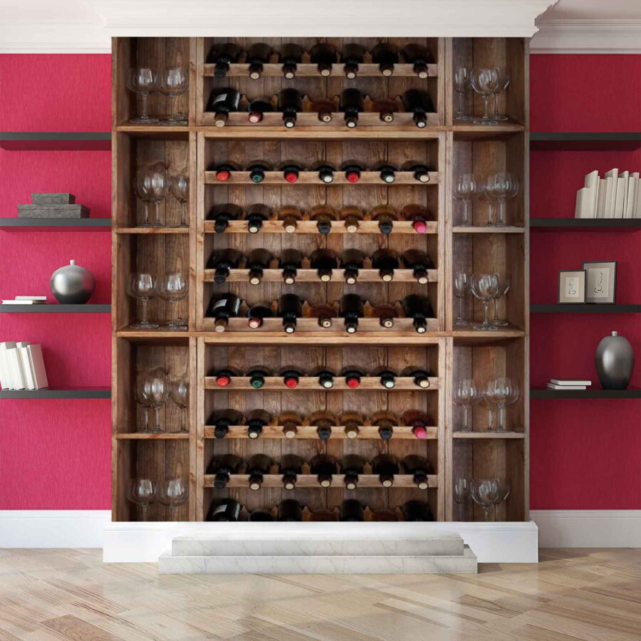 Garrafas e copos de vinho numa prateleira