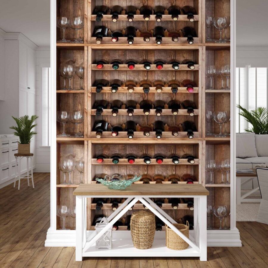 Garrafas e copos de vinho numa prateleira