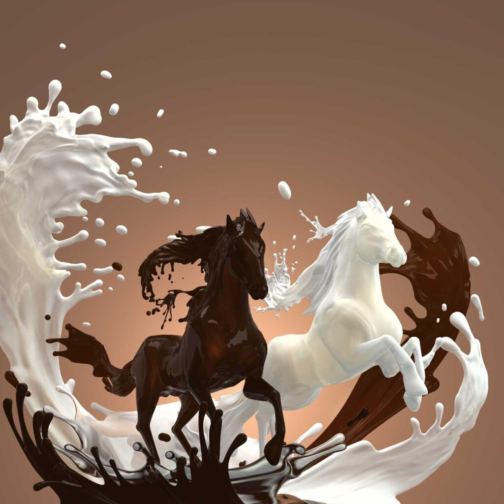 Cavalo com leite a salpicar à sua volta Cavalo com leite a salpicar à sua volta