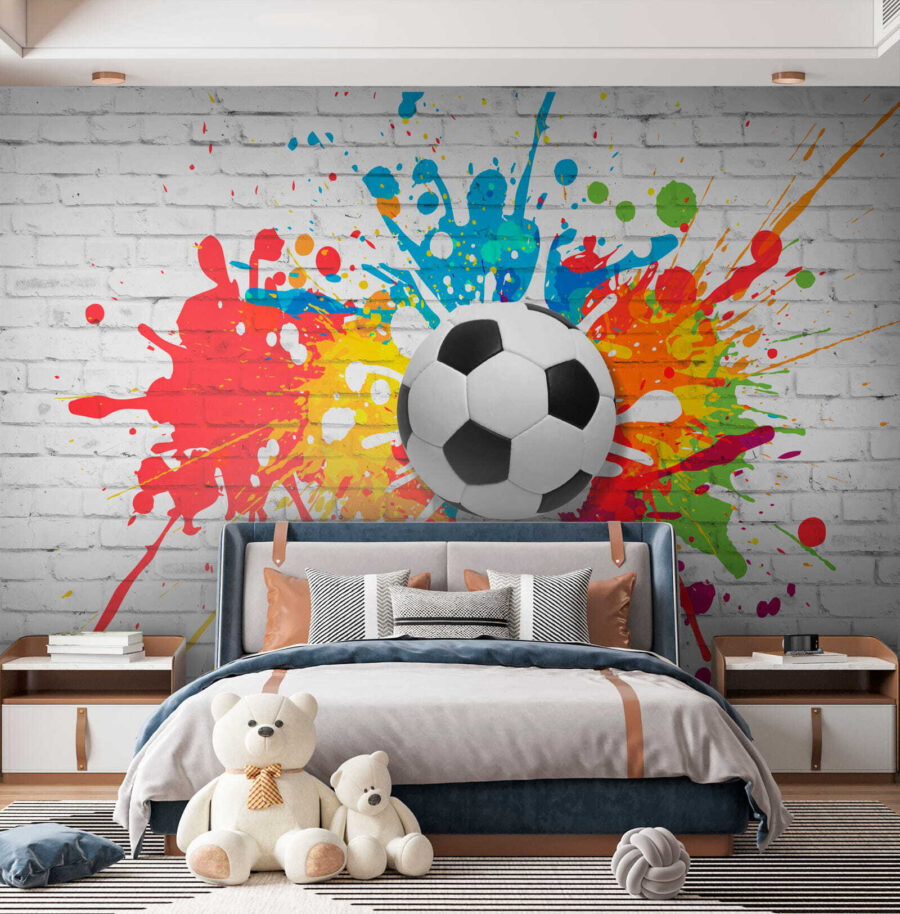Papel de parede Bola de futebol numa parede de tijolo