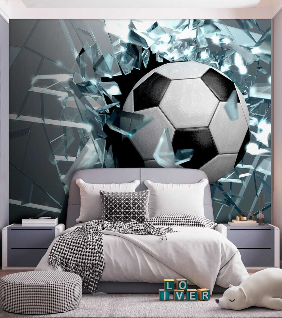 Football ball breaking through glass Football ball breaking through glass