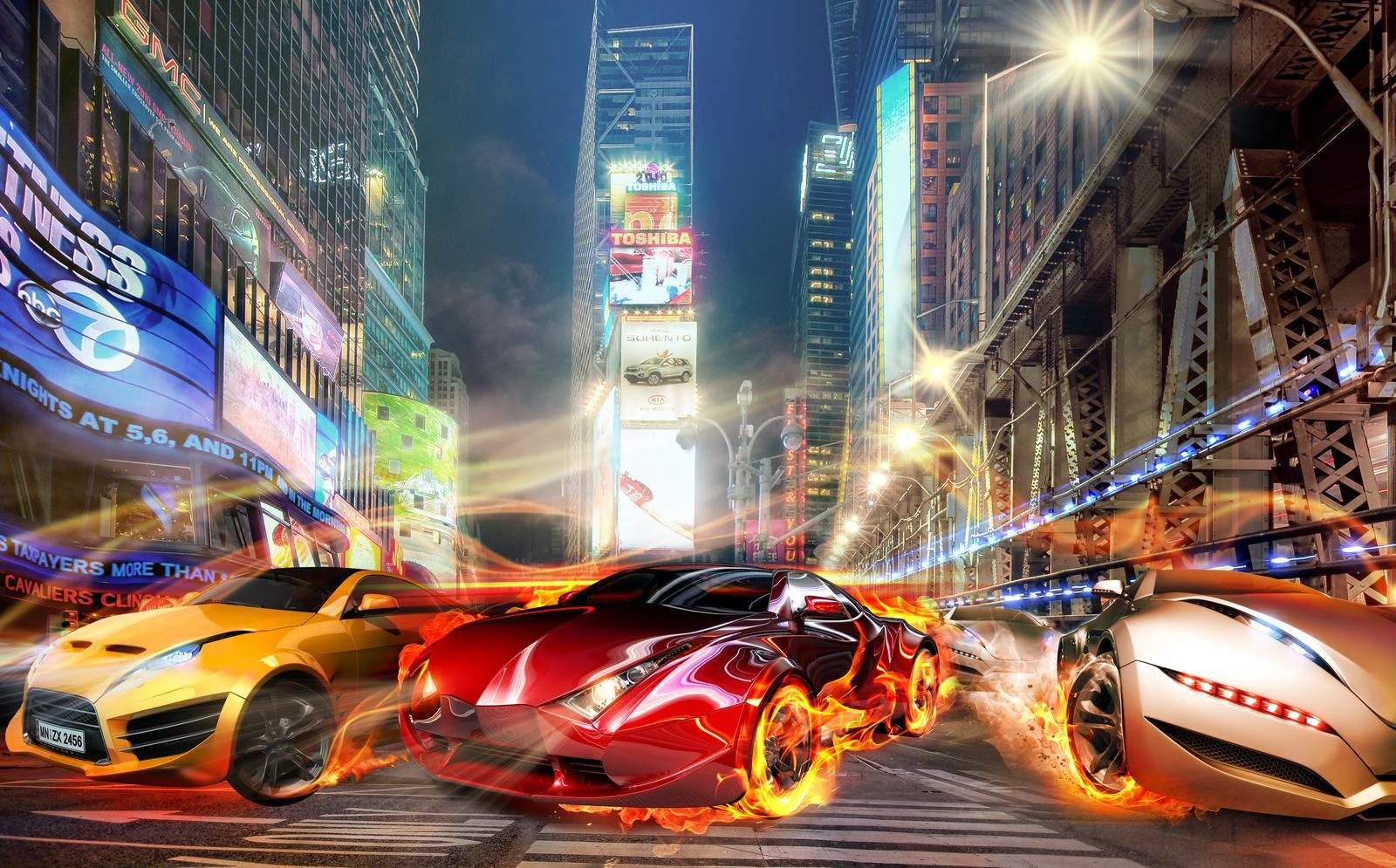 Car on fire in a city