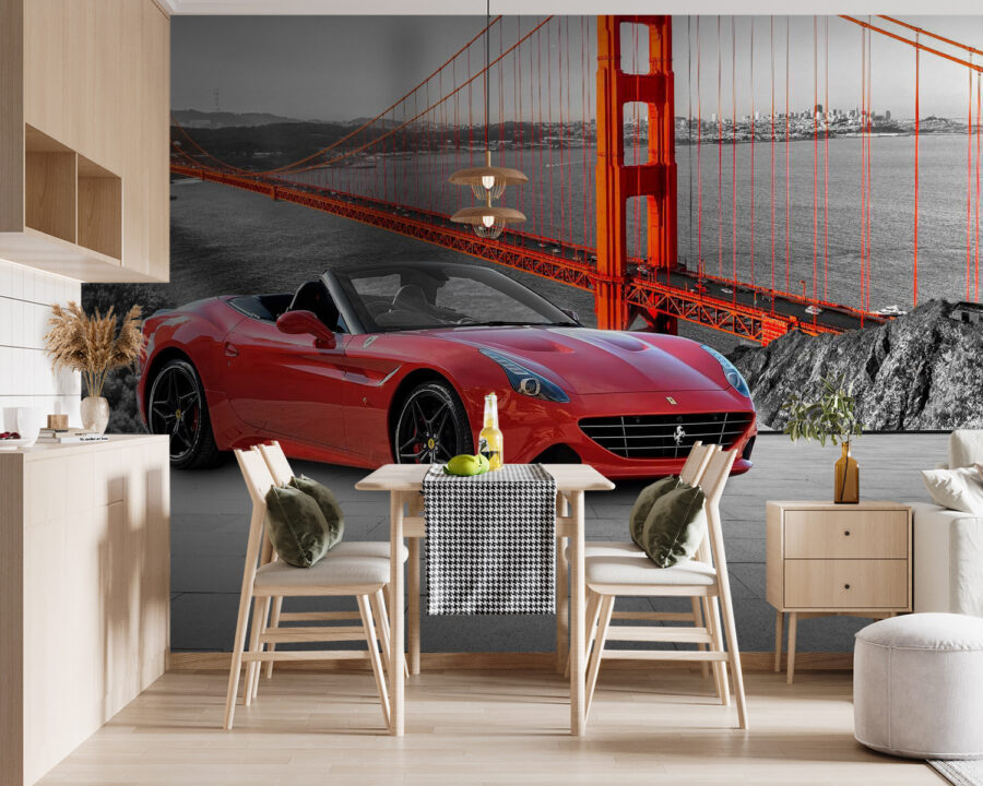 Carro desportivo vermelho numa estrada com uma ponte ao fundo