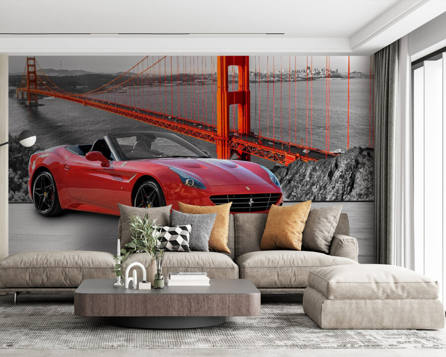 Carro desportivo vermelho numa estrada com uma ponte ao fundo