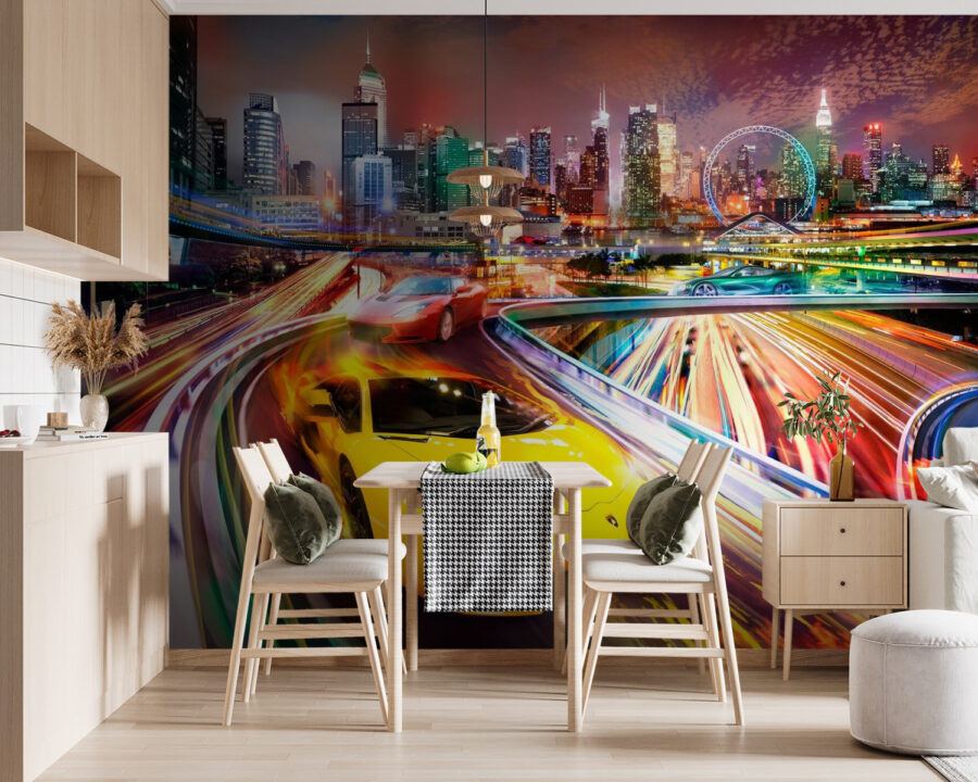 Papel de parede Carros desportivos amarelos e vermelhos numa estrada com uma cidade ao fundo - Image 5