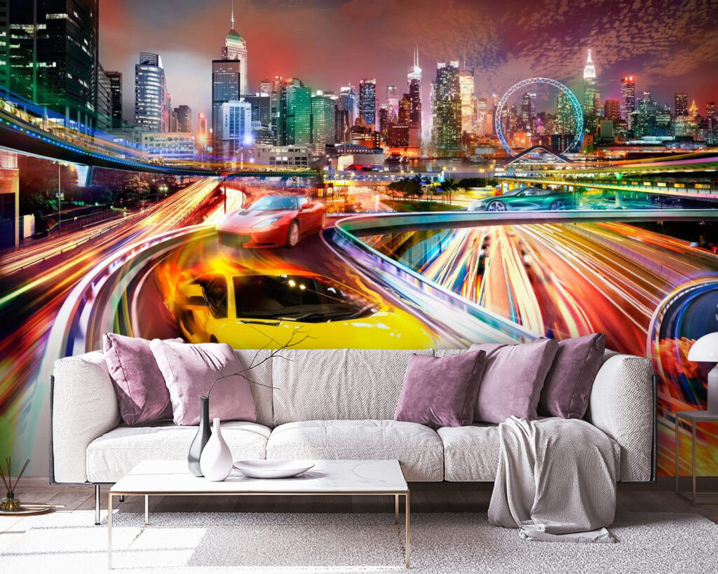 Yellow and red sports cars on a road with a city in the background