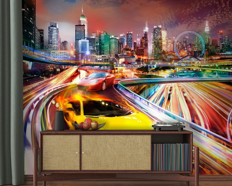 Papel de parede Carros desportivos amarelos e vermelhos numa estrada com uma cidade ao fundo - Image 2
