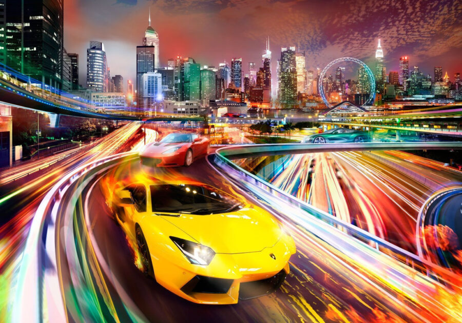 Papel de parede Carros desportivos amarelos e vermelhos numa estrada com uma cidade ao fundo - Image 8
