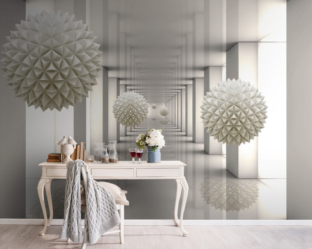 White room with white columns and white balls