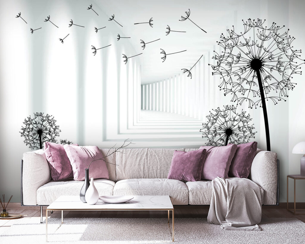 Girl riding a bike in a room with dandelions Girl riding a bike in a room with dandelions