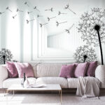 Papel de parede Rapariga a andar de bicicleta numa sala com dentes-de-leão