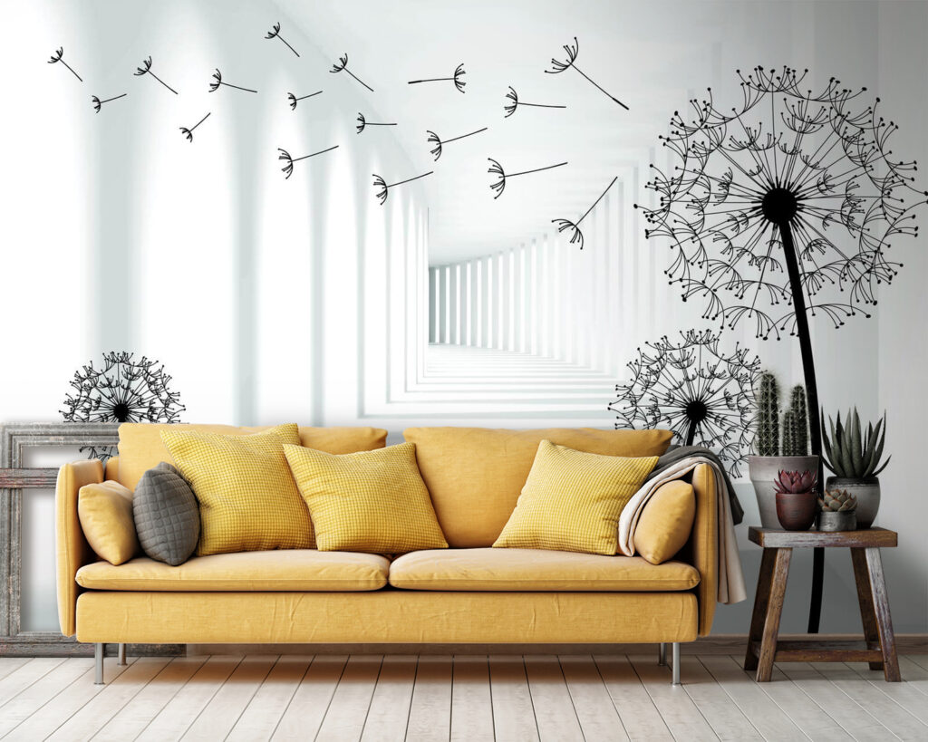 Girl riding a bike in a room with dandelions Girl riding a bike in a room with dandelions